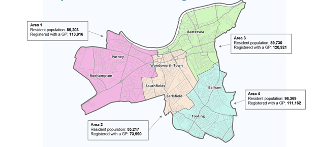 Map of Wandsworth - 4 regions are highlighted in colours - Putney and Roehampton, Battersea, Central Wandsworth and Balham and Tooting. 