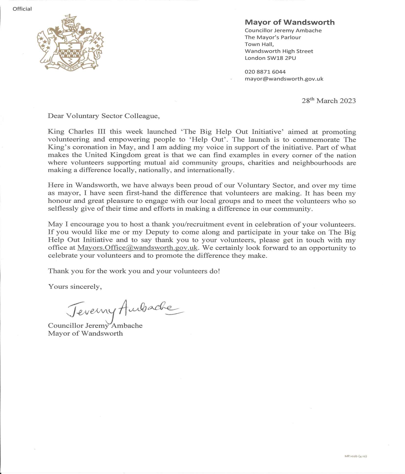 The Big Help Out Initiative – letter from the Mayor of Wandsworth ...